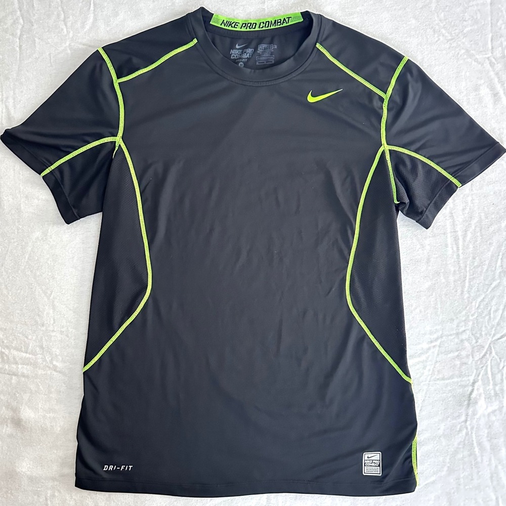 Nike Pro Combat Dri-Fit Mens Medium Compression Training Shirt Black Neon Green